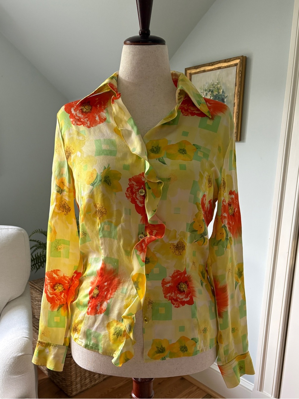 Vintage Escada Silk Floral Ruffle Front Blouse